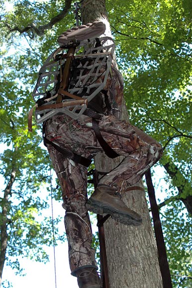 Hunter using treestand system using Lone Wolf Alpha hang-on