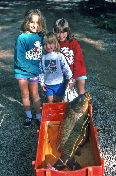 Three daughters of author with a bow-killed carp