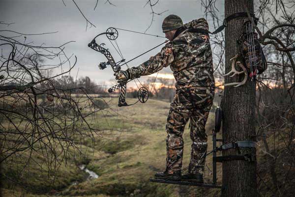 Bow hunter at full draw in tree