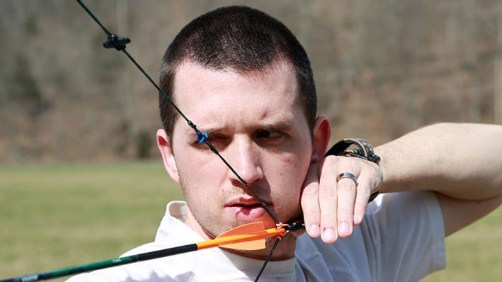  The author seen here at full draw with a wrist-strap style release aid