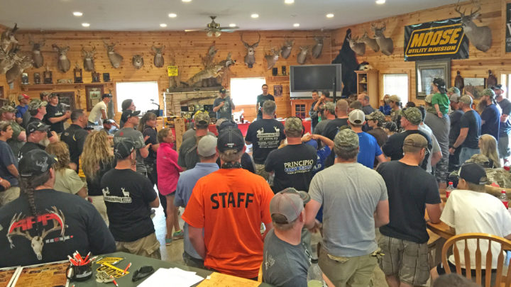 The crowd gathers at the Coon Creek Hunt Club lodge before the afternoon 3-D shoot.