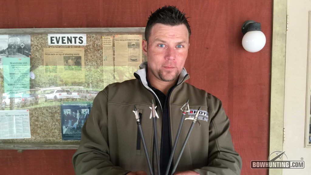Chris from NAP with the company's four new broadheads - the Trivex, Slingblade Redneck, and Spitfire XXX. 