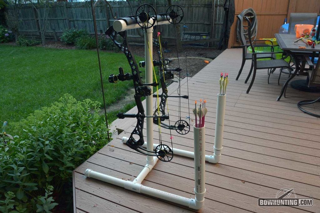 A quick and easy DIY archery project, this PVC bow stand safely holds 2 bows and a dozen arrows without difficulty.
