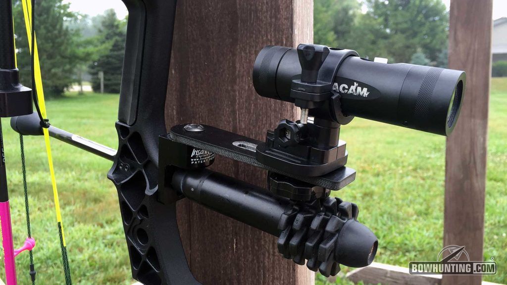 The universal mount included with the Tactacam features a standard 1/4-20 mount on the bottom which works great with a variety of 3rd party camera mounts like this one from Insane Archery.
