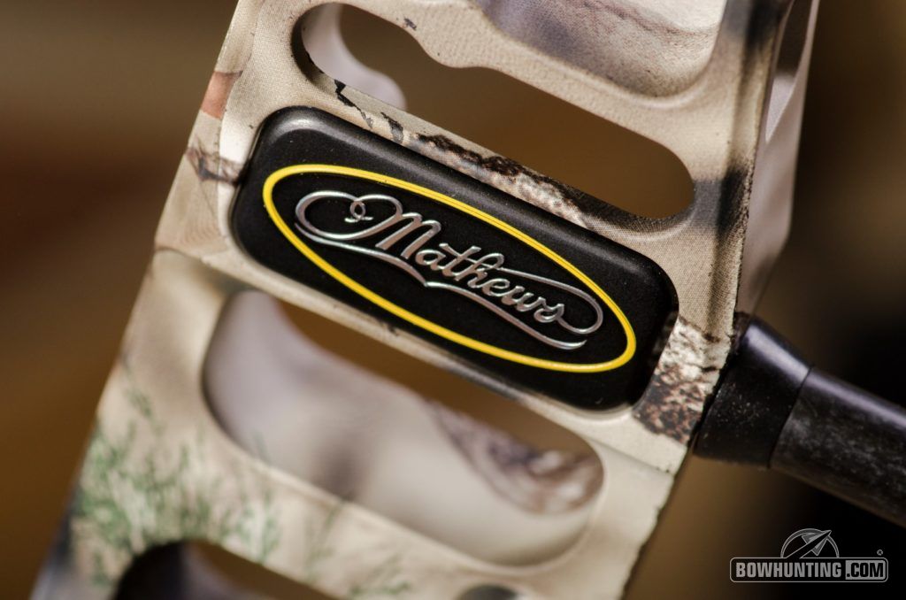 The Mathews logo is inlaid on the inside of the riser just above the berger hole.