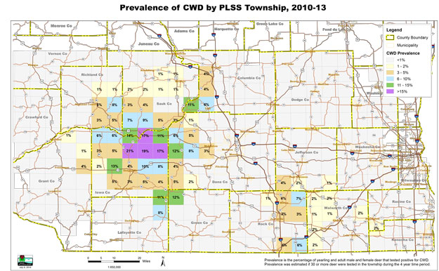 This DNR chart shows CWD prevalence rates by township in southern Wisconsin.