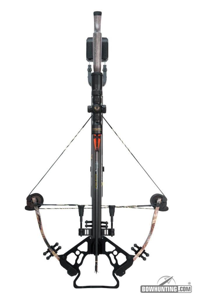 A compound crossbow at full draw. 