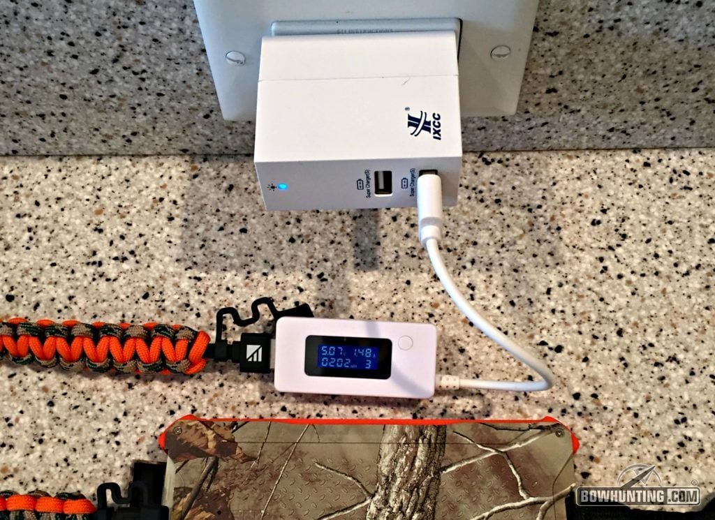 Here is the Poseidon being charged with an iPad 2.1 amp wall adapter using the USB in-line ammeter. However, the max amps that I could get the Poseidon to take was about 1.5-1.8 amps (1.65 amps shown here). Depending on the charging source, this number will change.
