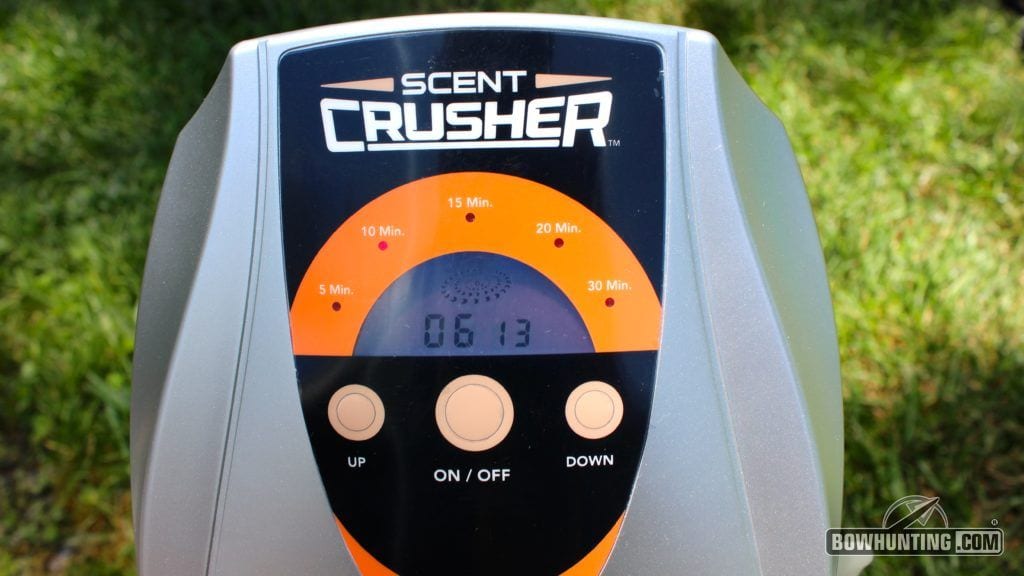 A Close Up View of the Scent Crusher Ozone Producing Unit. The Unit Measures 9.5 inches by 7.5 inches and 2.5 inches deep. Scent Crusher Ozone generator has run times from 5 to 30 minutes.