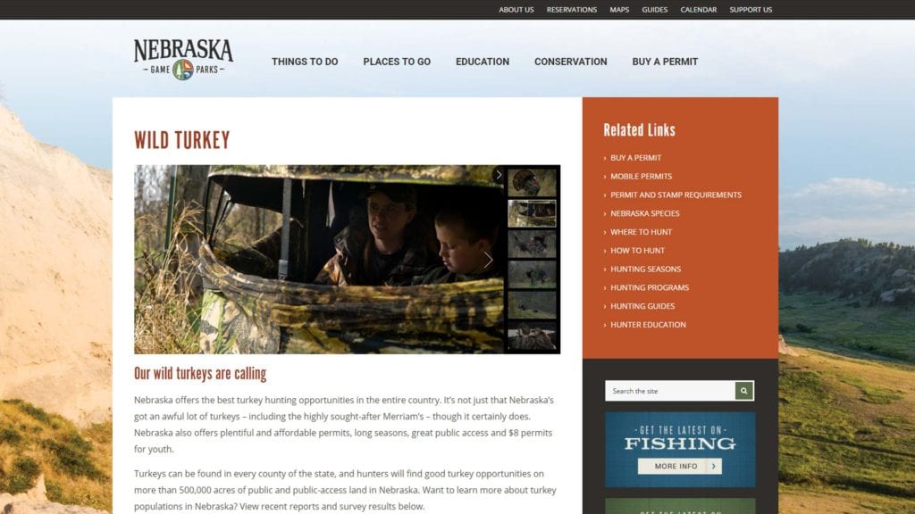 screenshot of Nebraska game & parks website