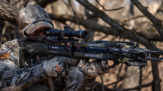 bowhunter shooting crossbow in the woods