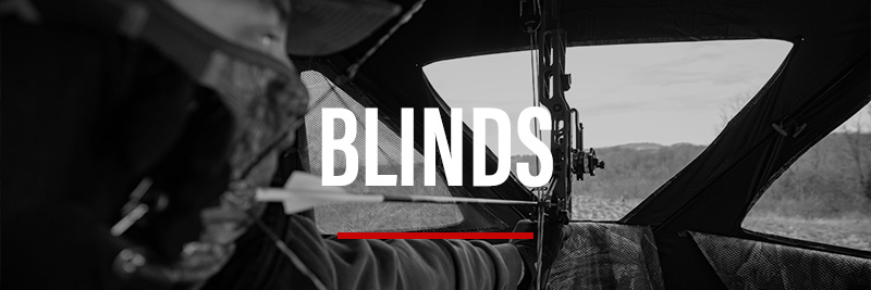 Hunter shooting bow out of ground blind