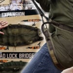 Composite image showcasing a hunter leaning back under tension in the olive drab Tethrd Phantom XP tree saddle on the right, paired with a Tethrd trade show display board on the left. The background display board highlights the product's features with visible text quotes including "Introducing Hybrid Expansion", "RAD Ready", "Lace Lock Tensioner", "Lay Flat Loops", "Refined Quad Lock Bridge", and "Reduced Weight & Bulk".