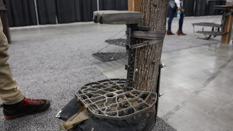A Lone Wolf Custom Gear Ranger Hybrid stand attached to a small tree trunk, showing the cable-free, cast aluminum traction deck, central support post, and the small flip-up padded seat at the top.
