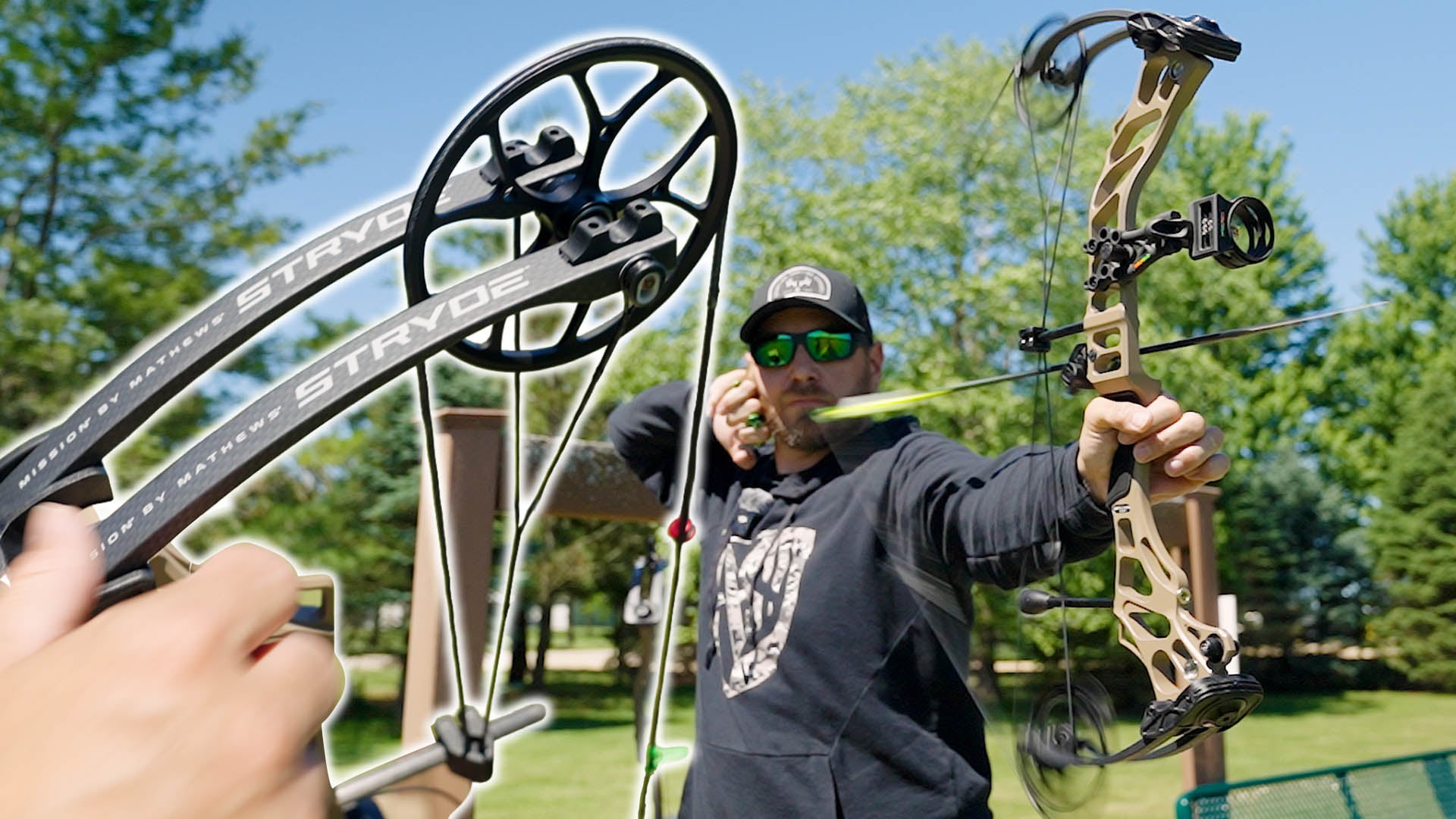 An archer shooting the Mission Stryde bow in Earth color.
