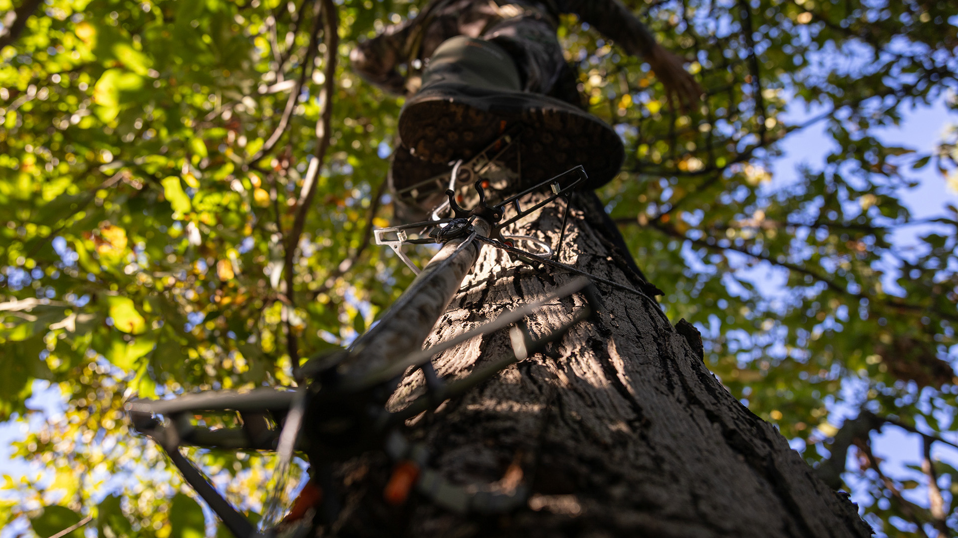 Low angle photograph looking straight up a heavily textured tree trunk as a hunter climbs upward. The sharp focus captures a camo-patterned mobile climbing stick strapped tightly to the bark, with a hunter's muddy rubber boot firmly planted on the top step. The background opens up to a dense canopy of green and yellow autumn leaves illuminated by sunlight, with glimpses of a clear blue sky visible through the branches.