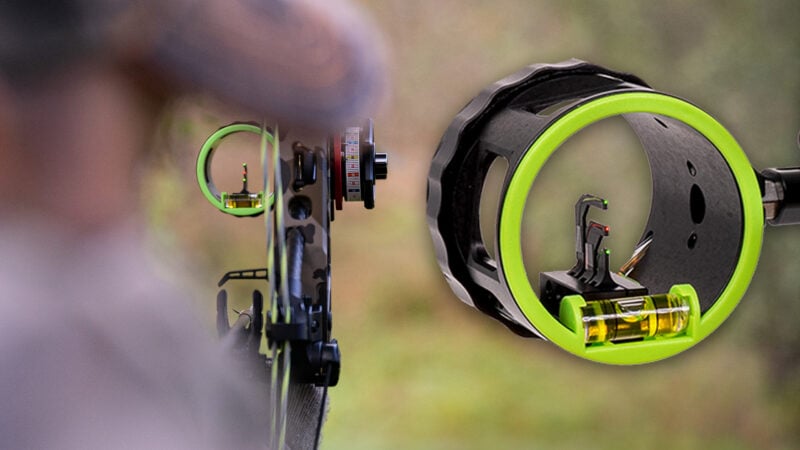 A composite photograph showcasing the HHA XV3 bow sight from two perspectives. On the left, a bowhunter’s first-person view looks through the mounted sight with its bright neon green ring towards a blurred target area. On the right, a sharp product close-up details the HHA XV3 scope, highlighting its textured black housing, bright neon green sight ring, vertical multi-pin configuration, and bubble level.