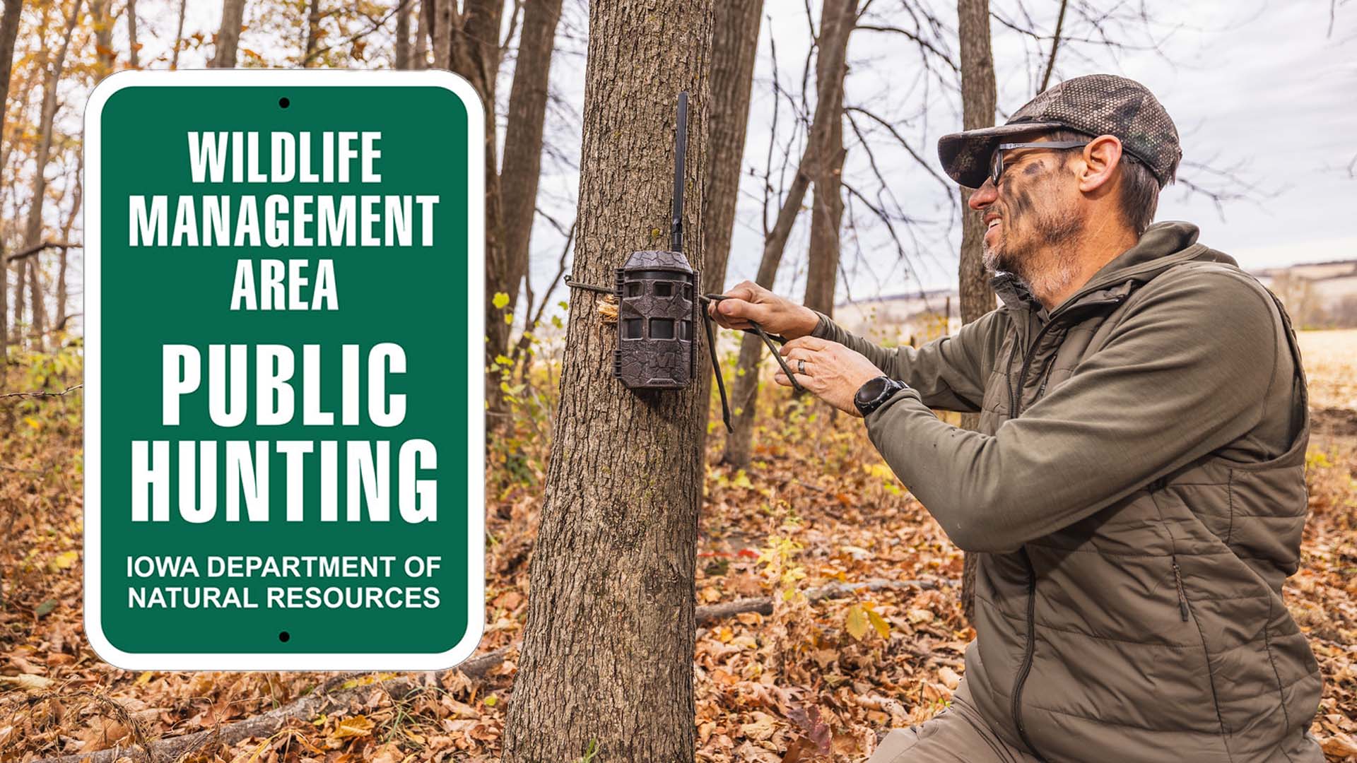 An editorial graphic showing Todd Graf wearing face paint and a camo hat while strapping a cellular trail camera to a tree in an autumn woods. On the left side, a green sign features white text that reads WILDLIFE MANAGEMENT AREA PUBLIC HUNTING IOWA DEPARTMENT OF NATURAL RESOURCES.