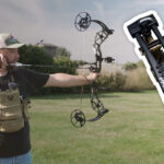 Cover image featuring Justin Zarr testing the Bear Archery Paradigm Pro RTH compound bow in a field, shown at full draw alongside a detailed inset of its "PARADIGM PRO" labeled limb pockets.