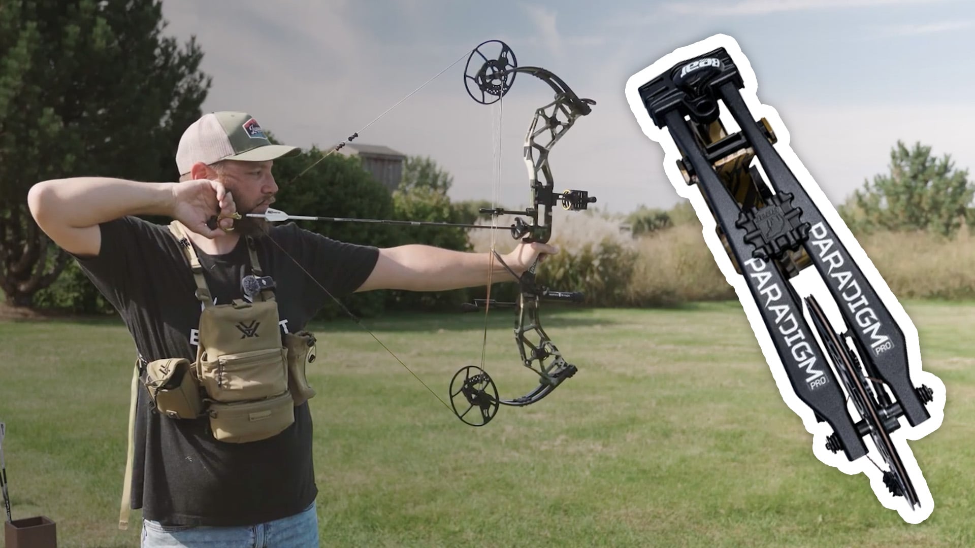 Cover image featuring Justin Zarr testing the Bear Archery Paradigm Pro RTH compound bow in a field, shown at full draw alongside a detailed inset of its "PARADIGM PRO" labeled limb pockets.