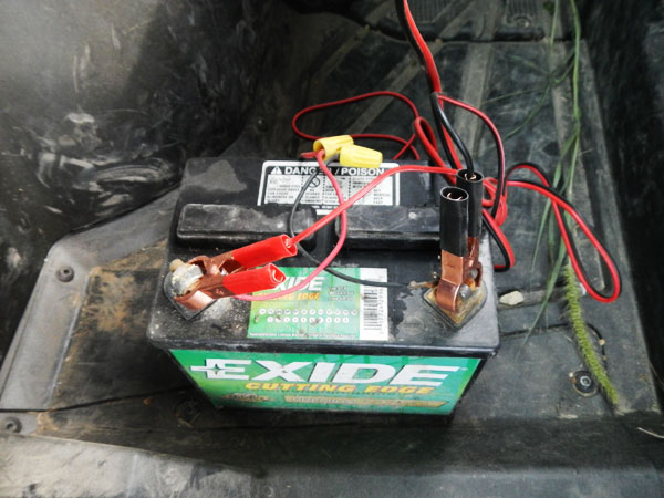 12V battery powering Moose ATV spreader